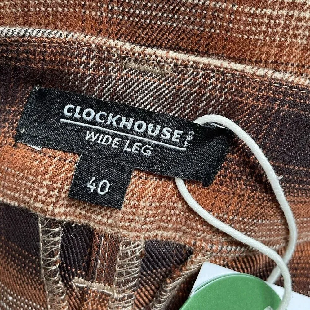 C&A Clockhouse Pants Womens 40 Brown Plaid Trousers NEW Straight Wide Leg 28" W - Picture 8 of 10